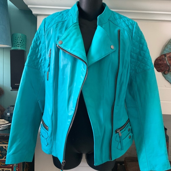 Neiman Marcus Jackets & Blazers - NWT NEIMAN MARCUS TURQUOISE RECYCLED LEATHER MOTO